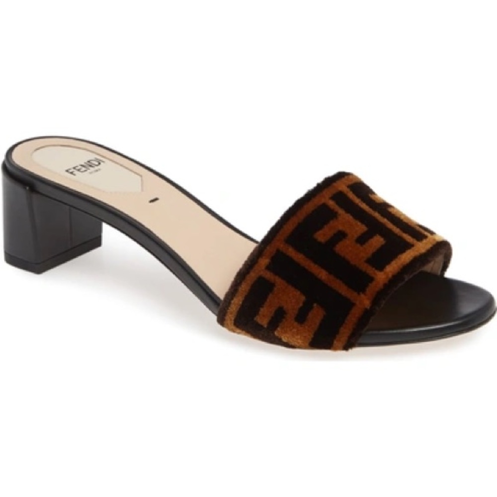 Fendi LOGO-PRINT VELVET AND LEATHER MULES